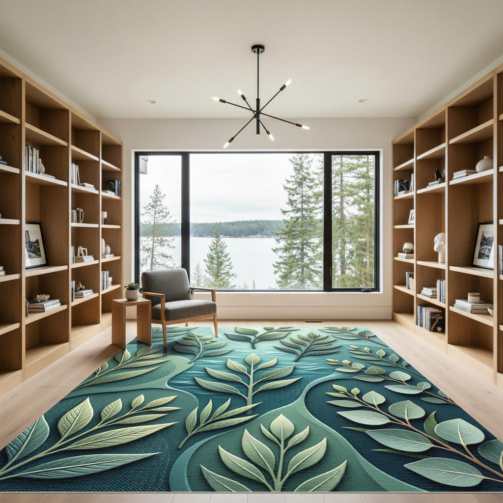 Earthy Green Botanical Branches Swirl Rug