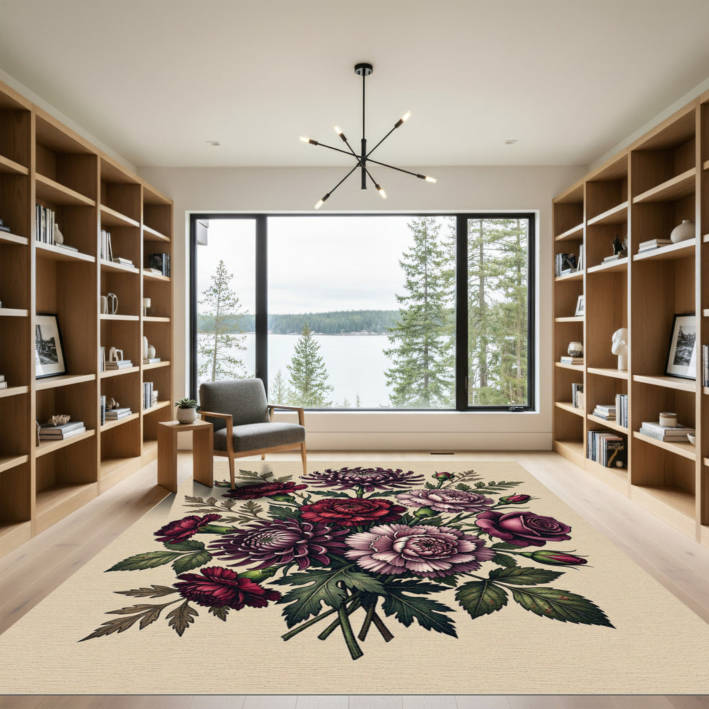 Deep Crimson Garden Floral Arrangement Rug