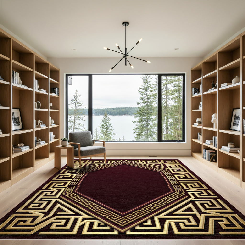 Golden Greek Key Octagon Border Rug