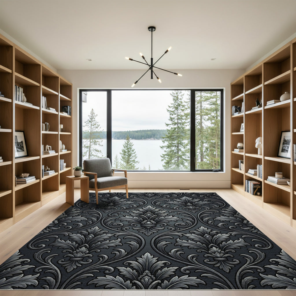 Dark Gray Damask Ornamental Scroll Rug