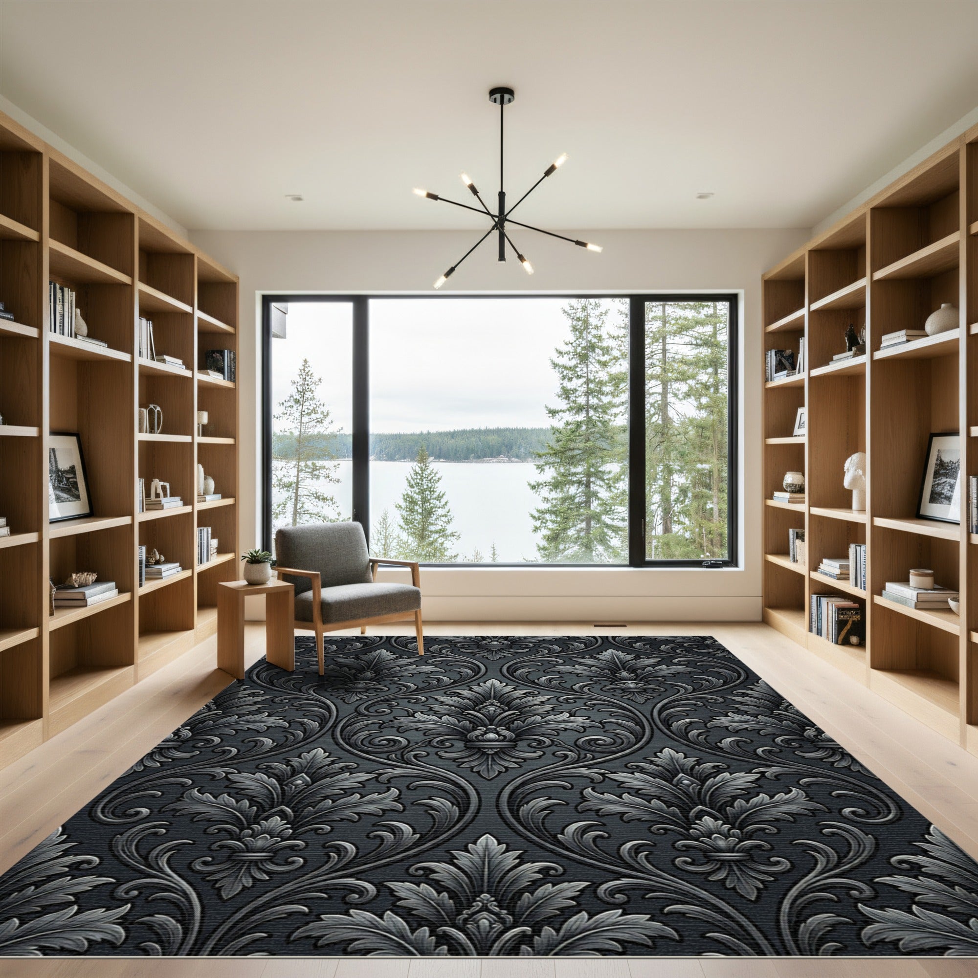 Dark Gray Damask Ornamental Scroll Rug