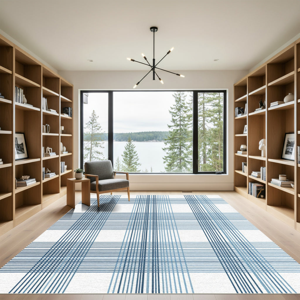 Coastal Blue Plaid Grid Rug