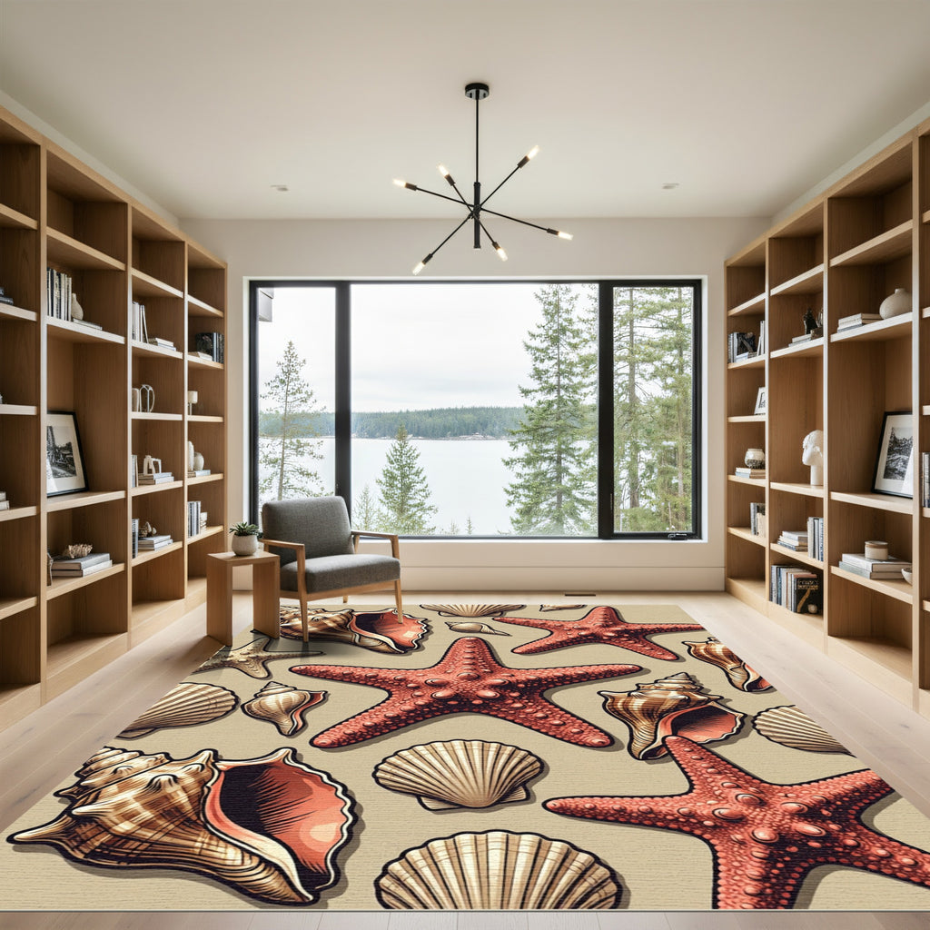 Coastal Starfish and Seashell Illustration Rug