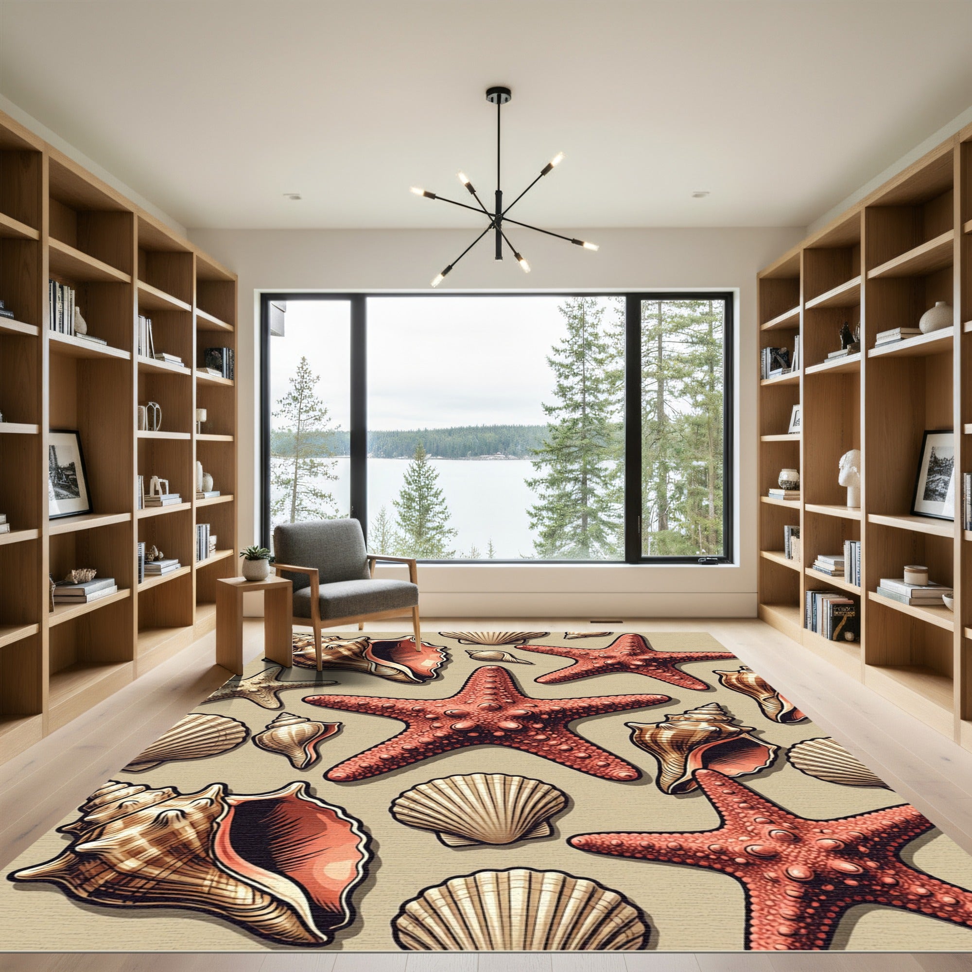 Coastal Starfish and Seashell Illustration Rug