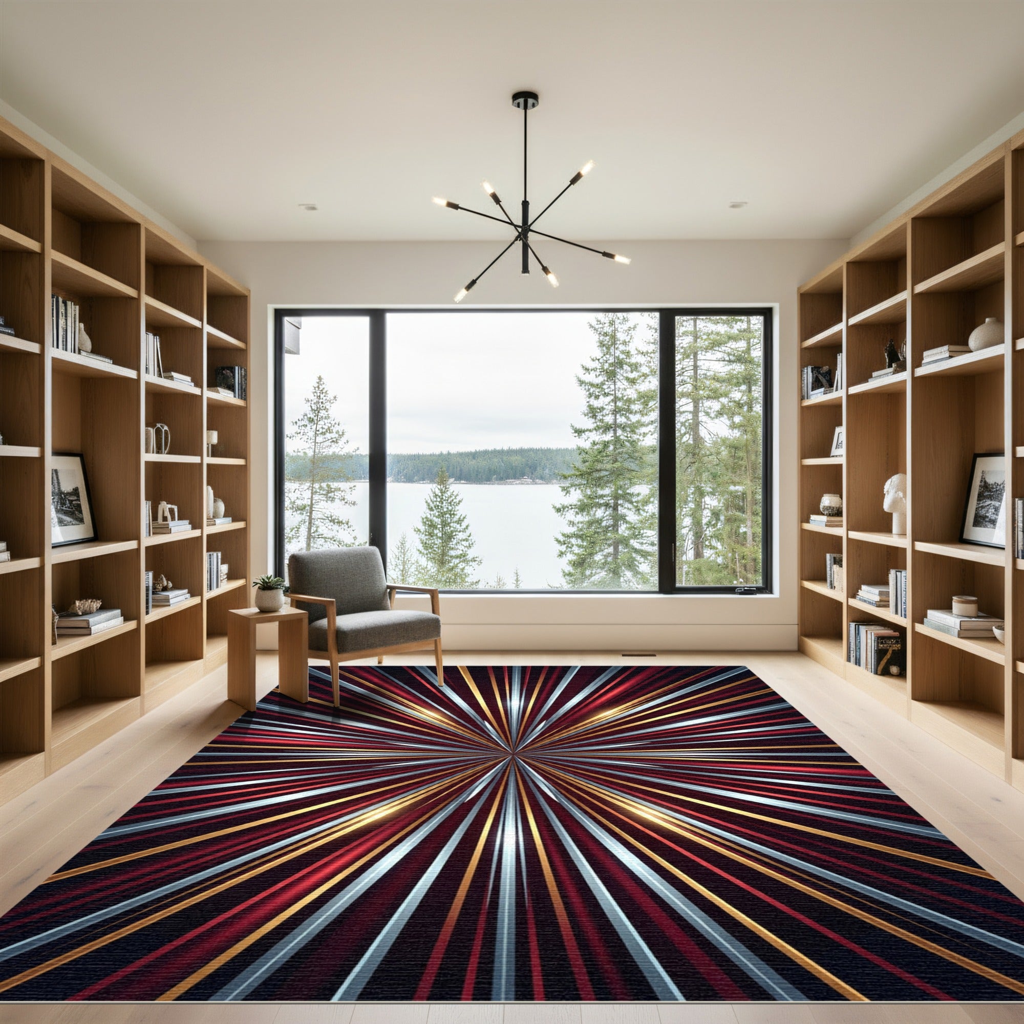Radiant Red Gold Silver Sunburst Rug