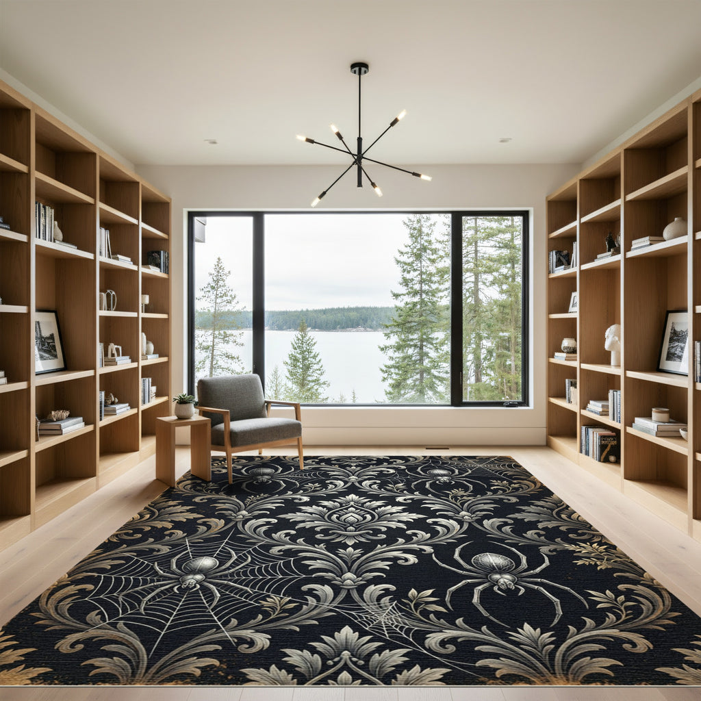 Gothic Black Silver Damask Spider Web Rug