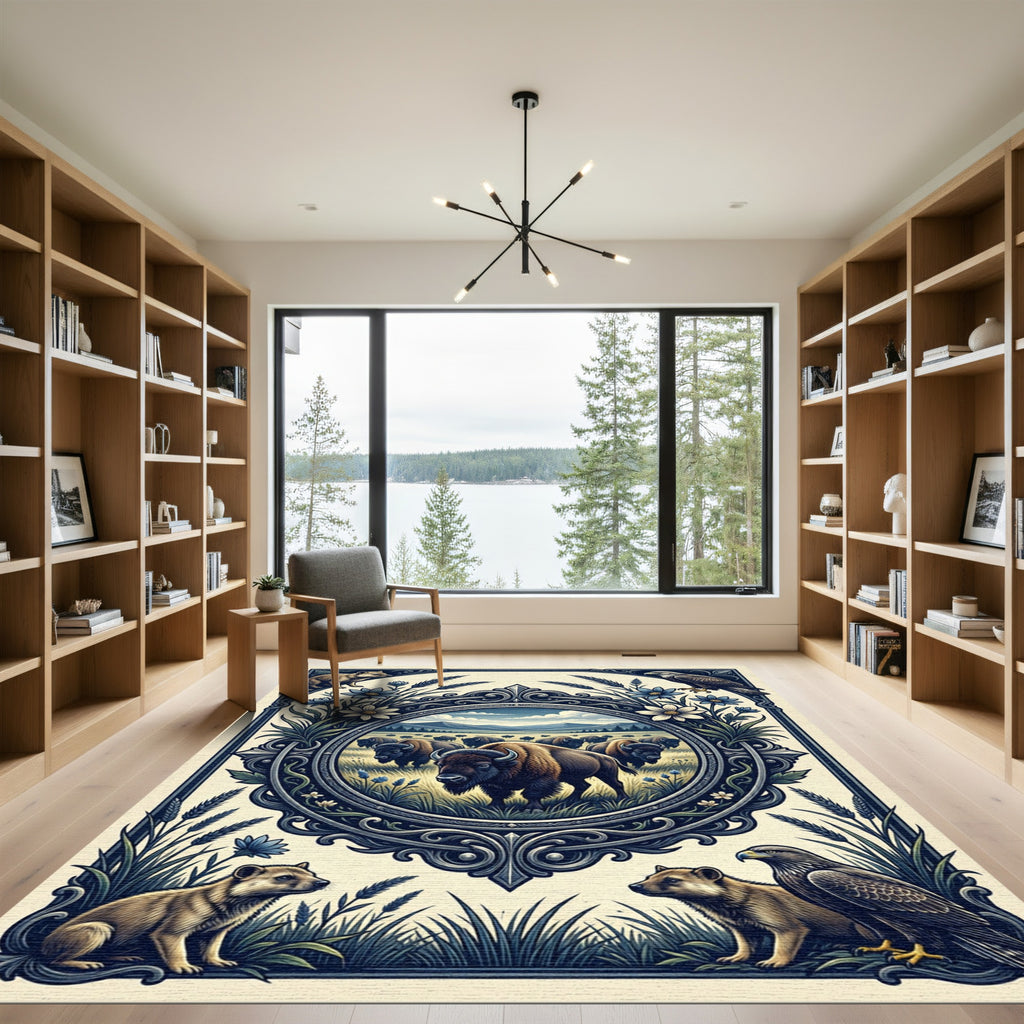 Western Bison Meadow Eagle Ink Illustration Rug