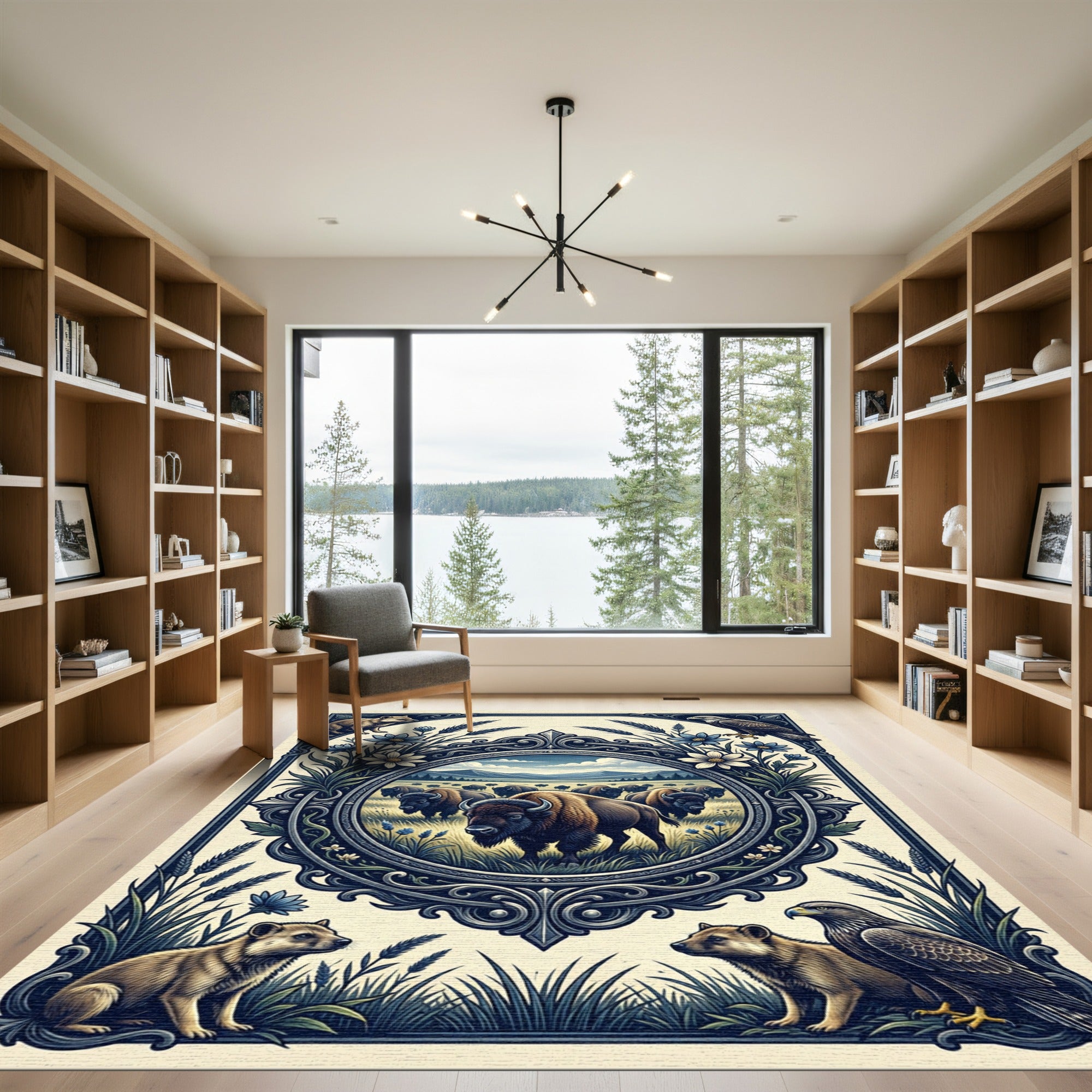 Western Bison Meadow Eagle Ink Illustration Rug