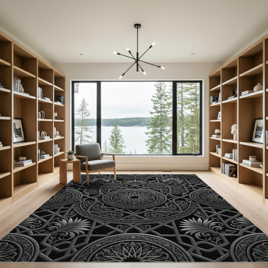Dark Gray Intricate Geometric Medallion Rug