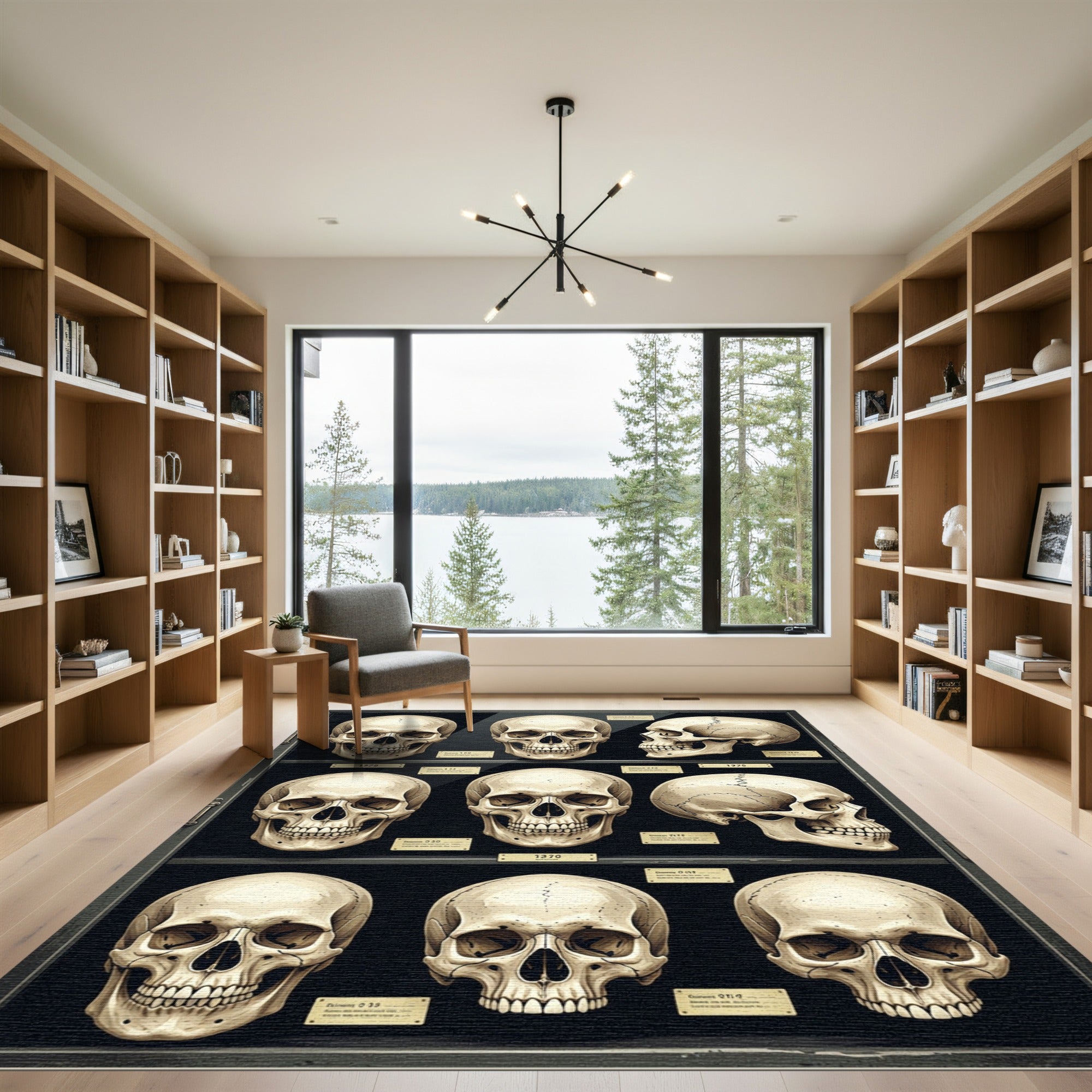 Anatomical Human Skull Grid Ivory Black Rug