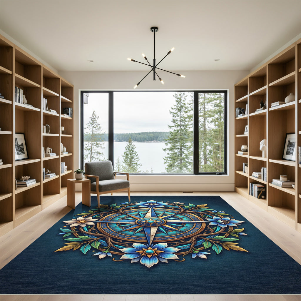 Botanical Blue Compass Floral Medallion Rug