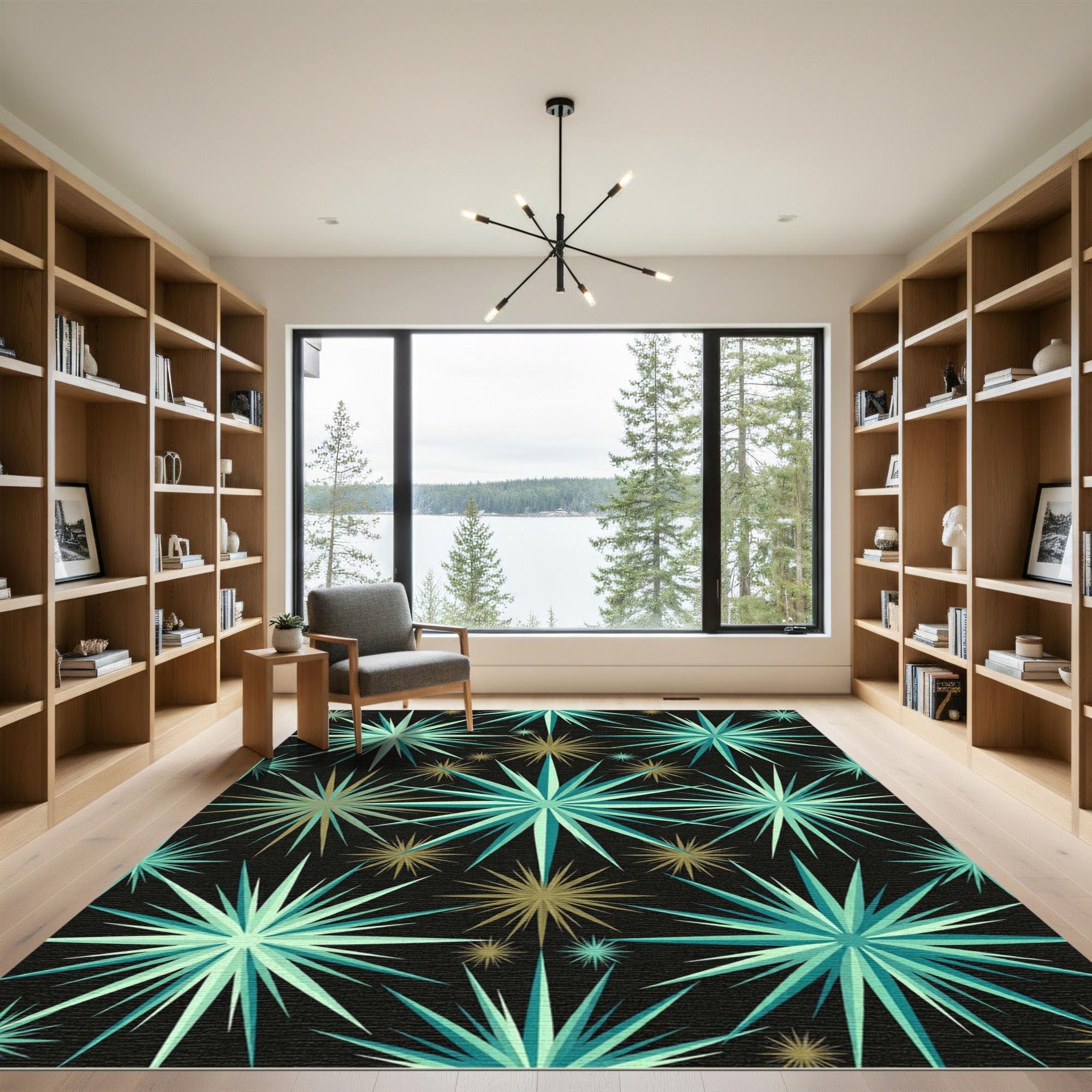 Mid Century Teal Gold Starburst Rug