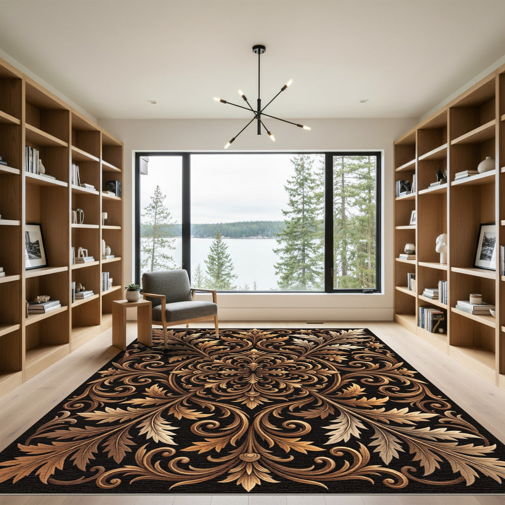 Ornate Gold Acanthus Leaf Scrollwork Rug