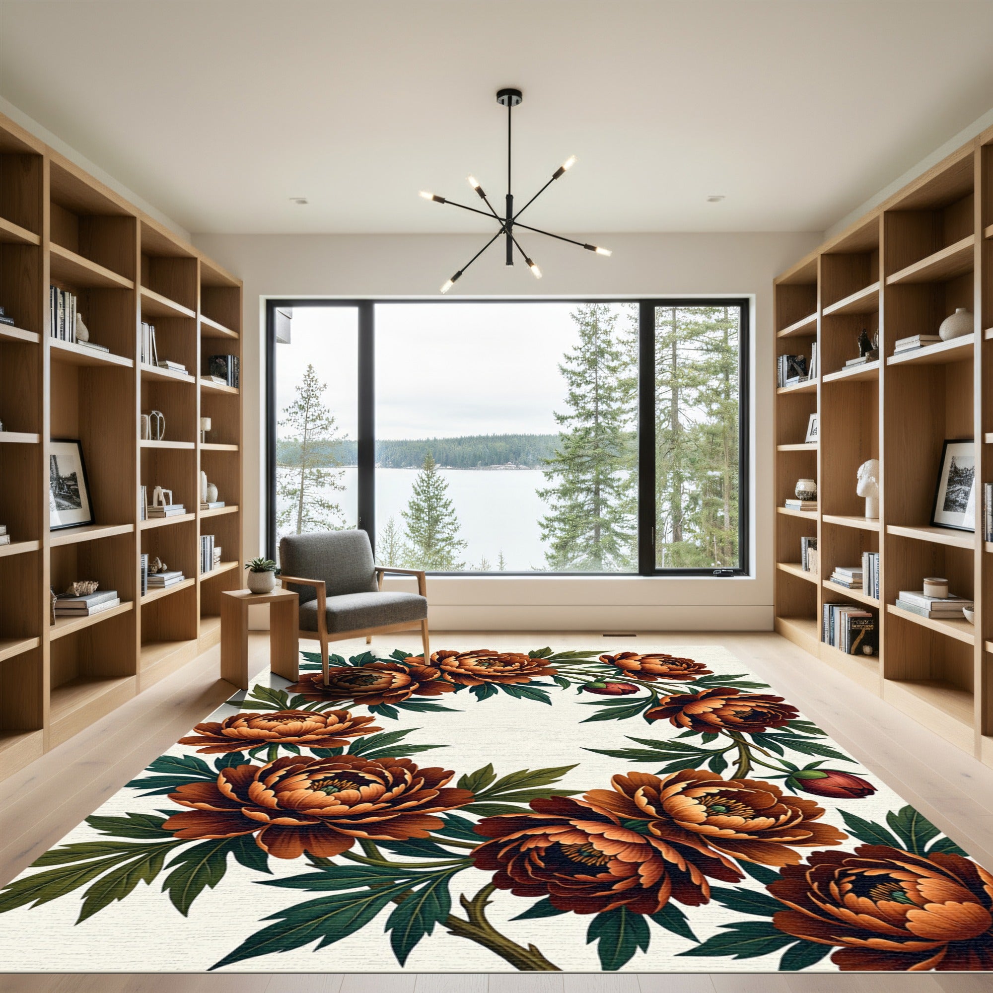 Copper Peony Floral Branch Wreath Rug