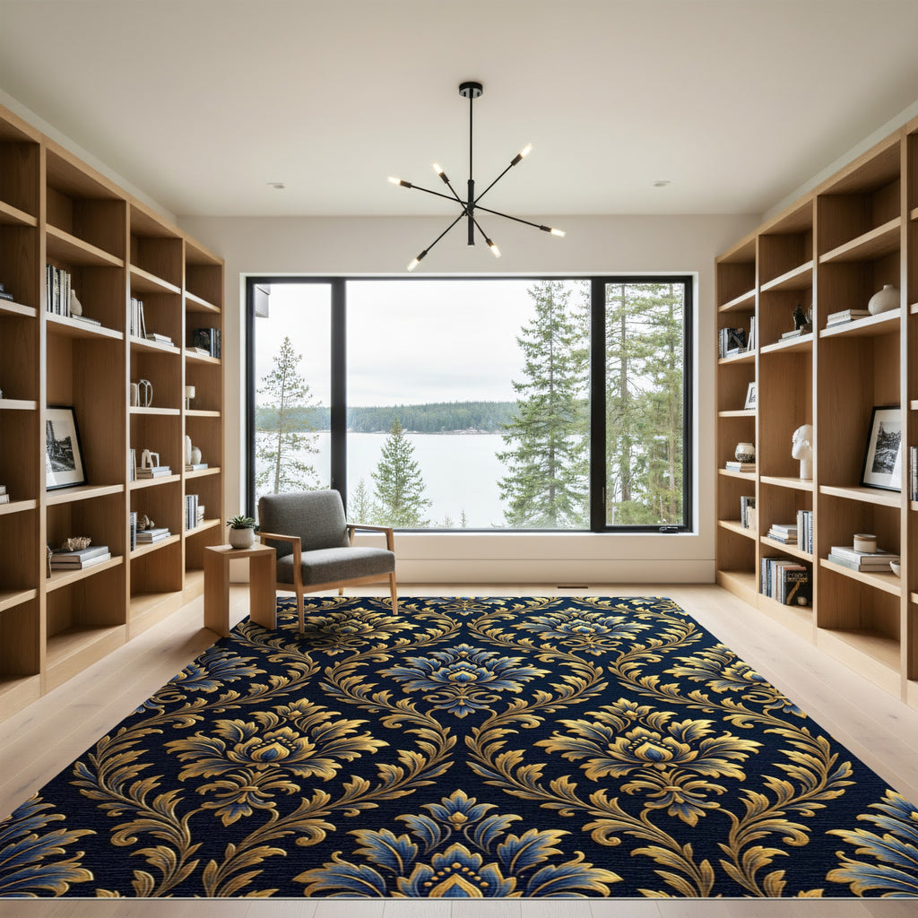 Ornate Gold Blue Damask Brocade Rug