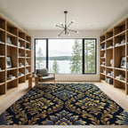 Ornate Gold Blue Damask Brocade Rug
