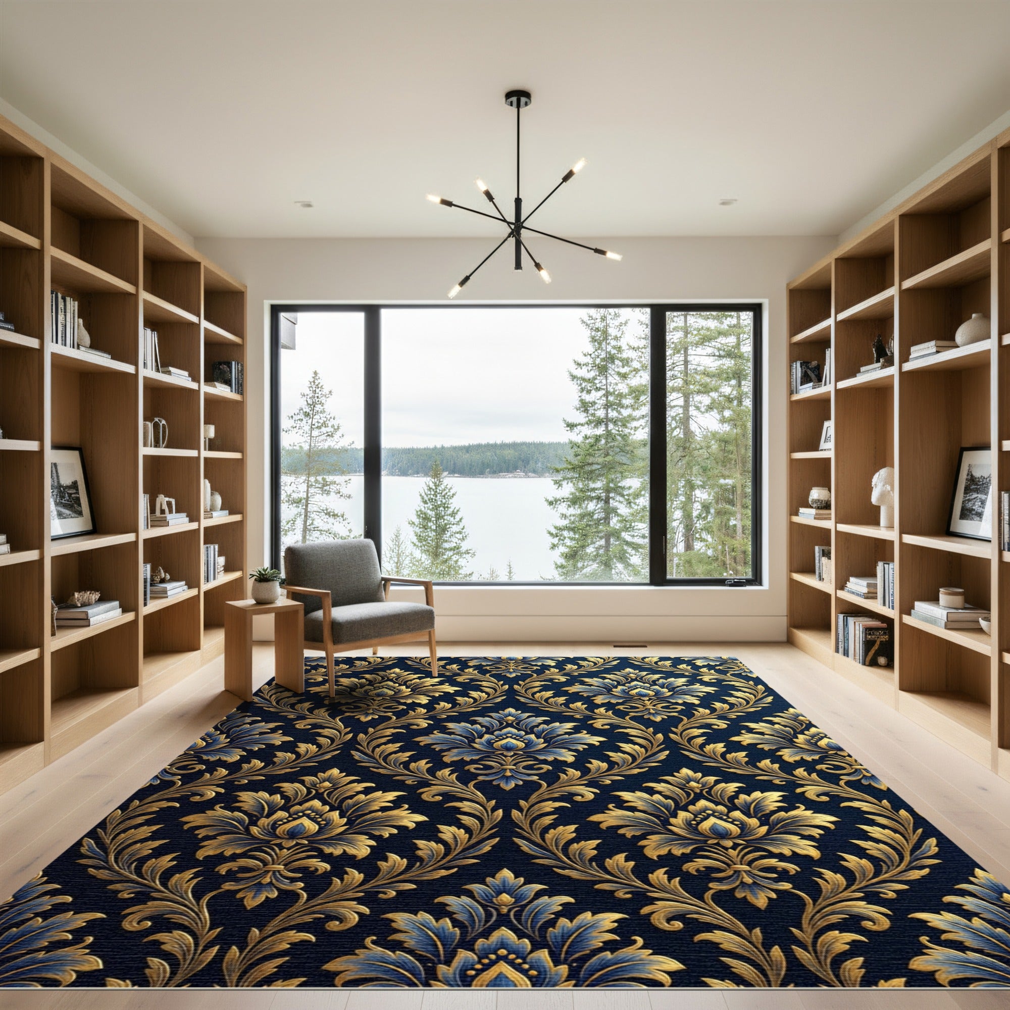 Ornate Gold Blue Damask Brocade Rug