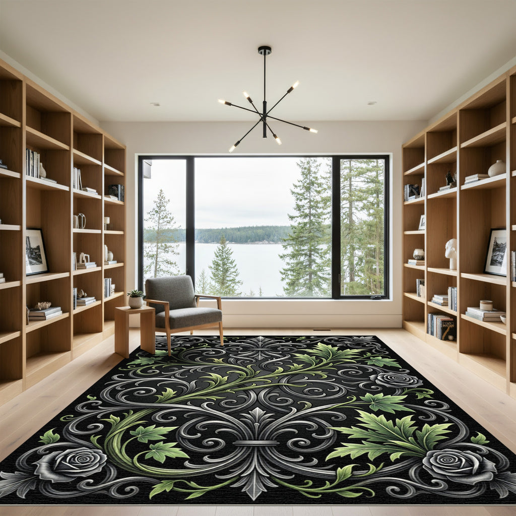 Ornate Silver Green Floral Scroll Rug