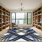Sophisticated Navy and Cream Diagonal Plaid Rug