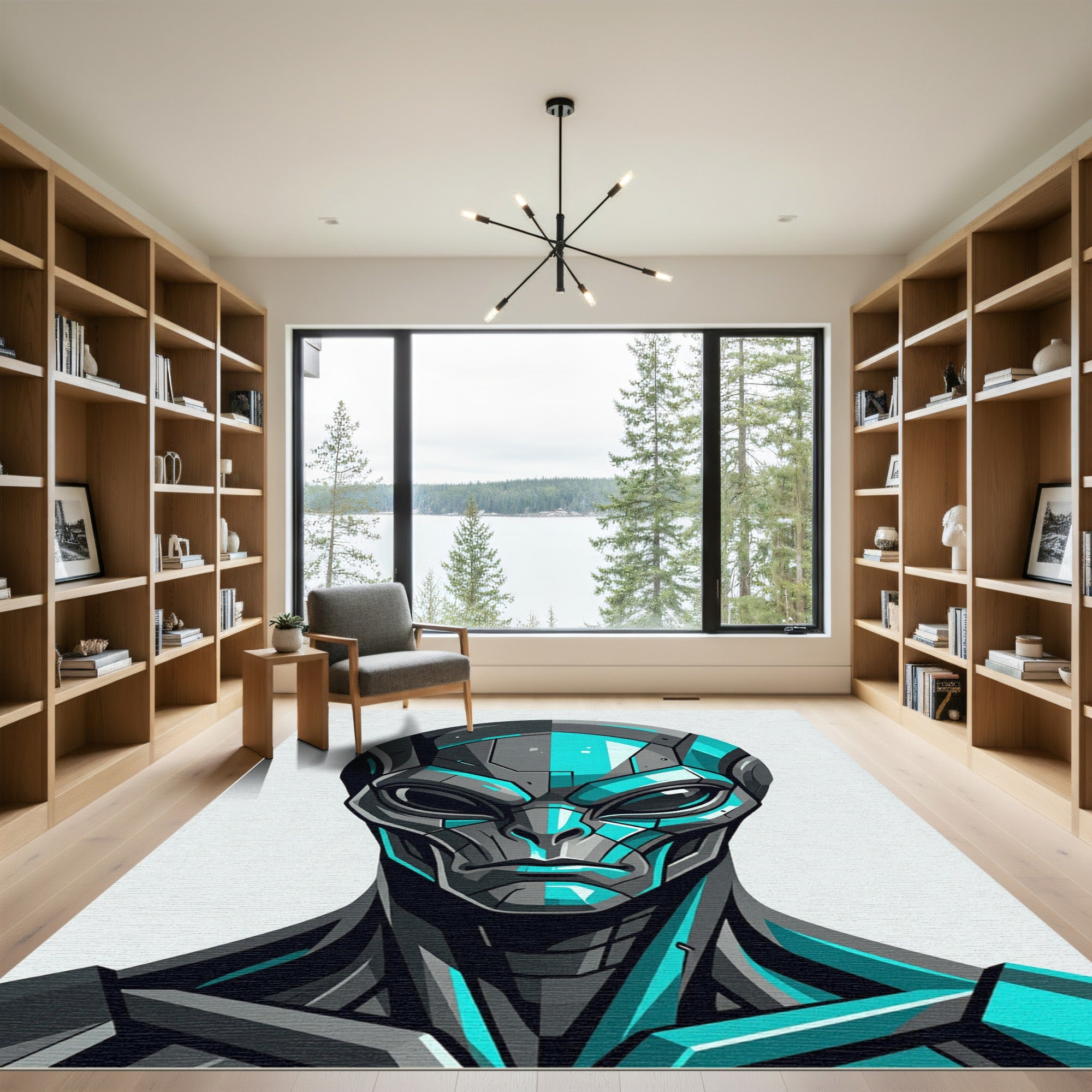 Futuristic Cybernetic Alien Portrait Teal Gray Rug