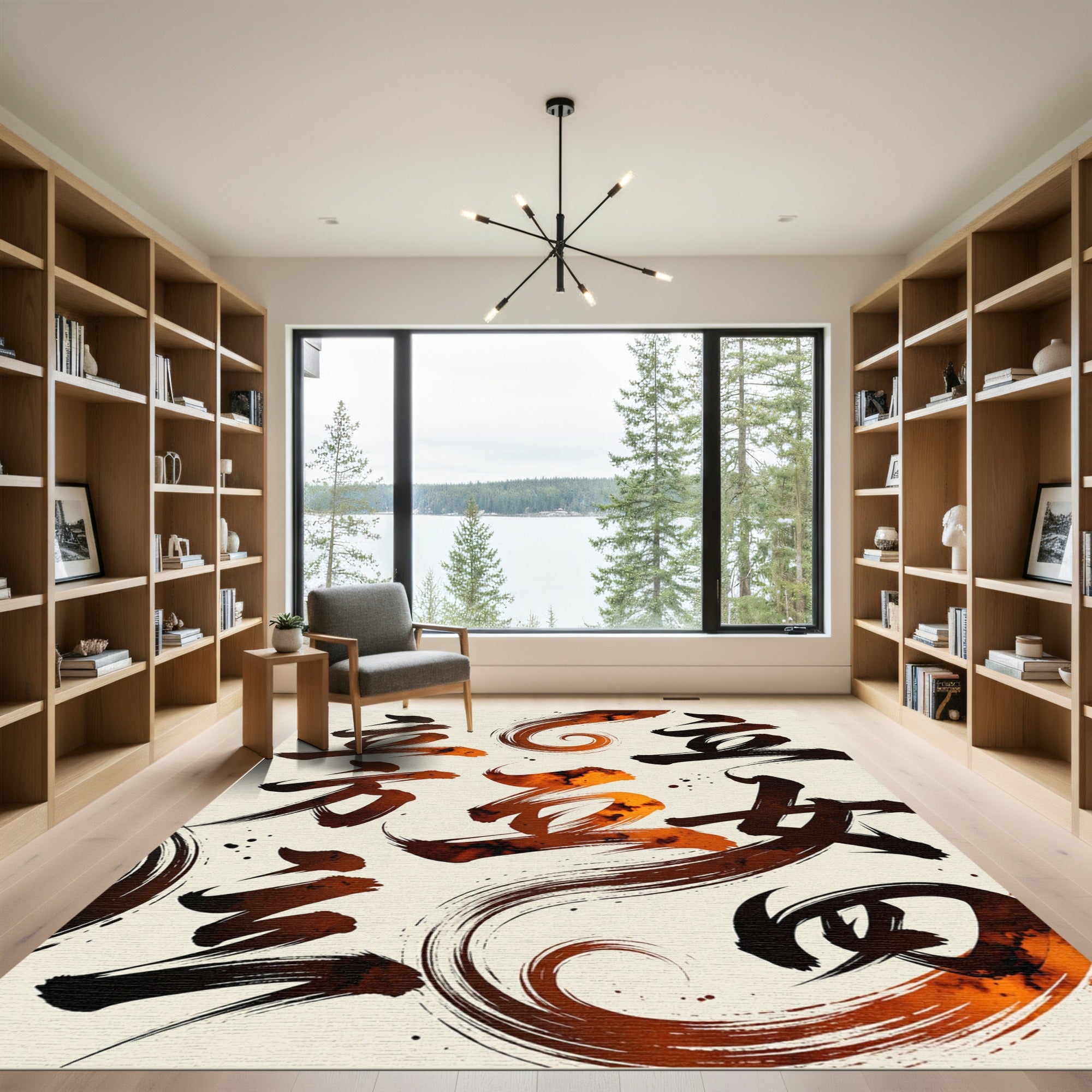 Black and Copper Abstract Ink Calligraphy Rug
