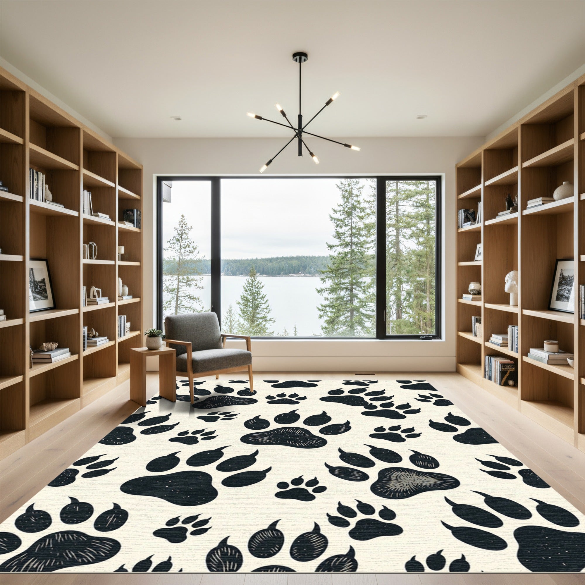 Black and Cream Wildlife Paw Track Rug