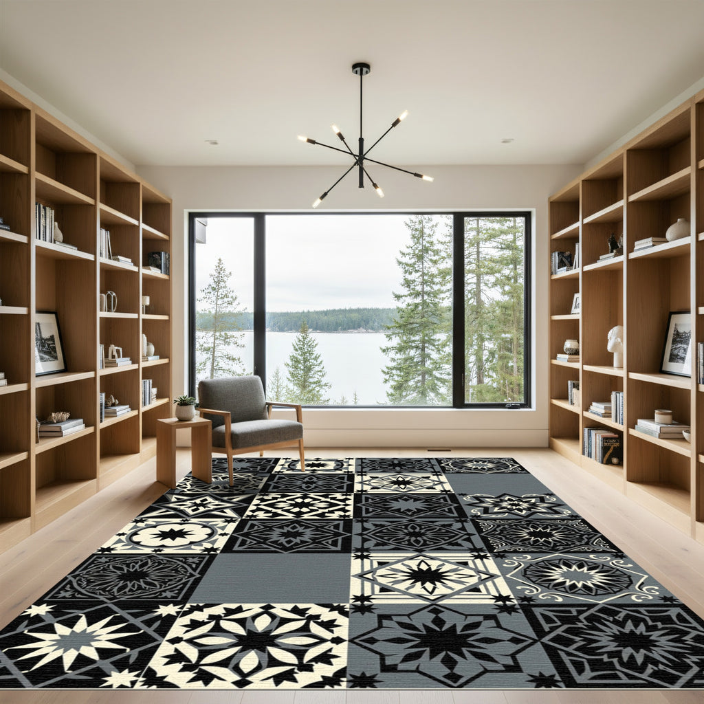 Monochromatic Geometric Starburst Tile Arrangement Rug
