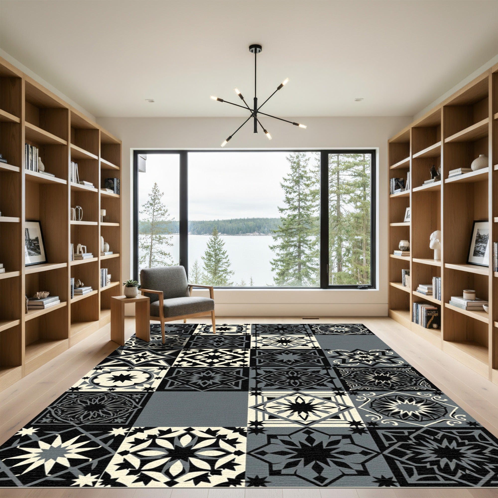 Monochromatic Geometric Starburst Tile Arrangement Rug