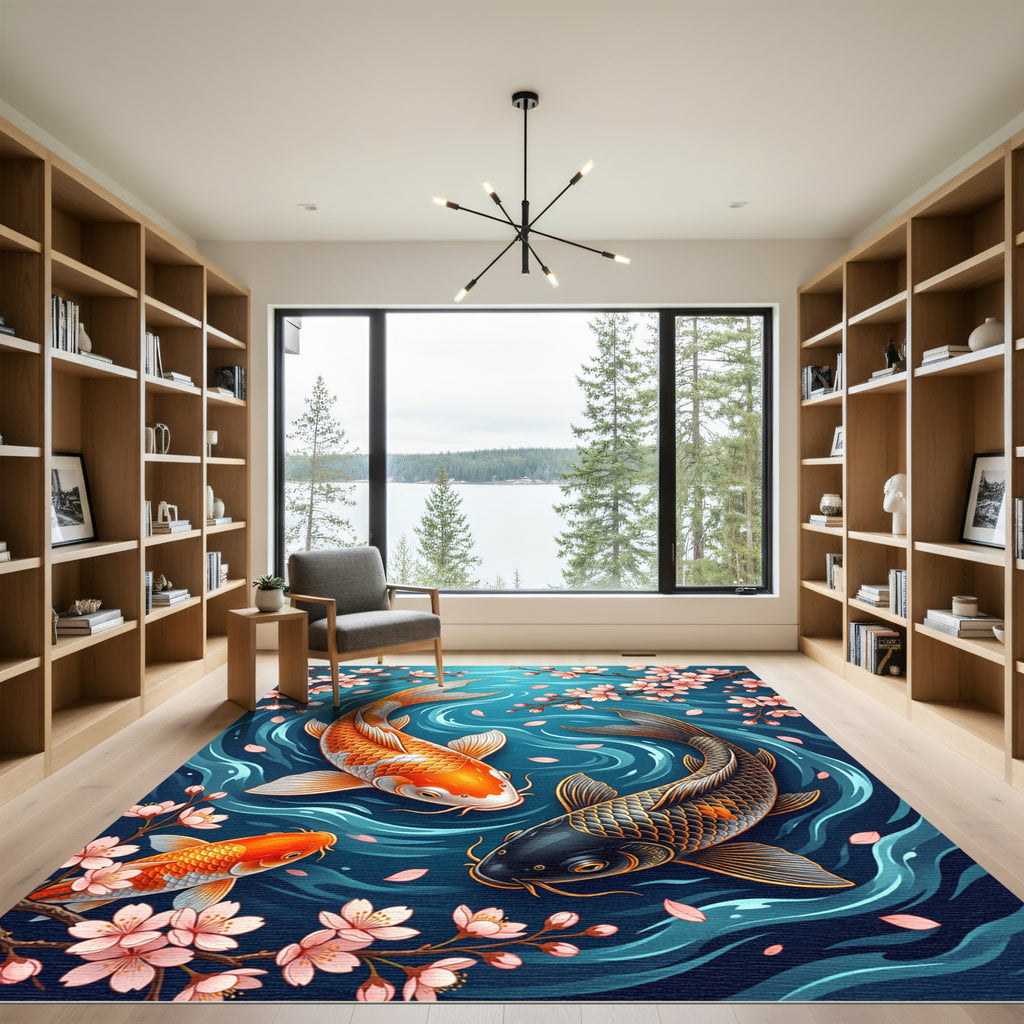 Koi Fish and Cherry Blossom Swirl Rug