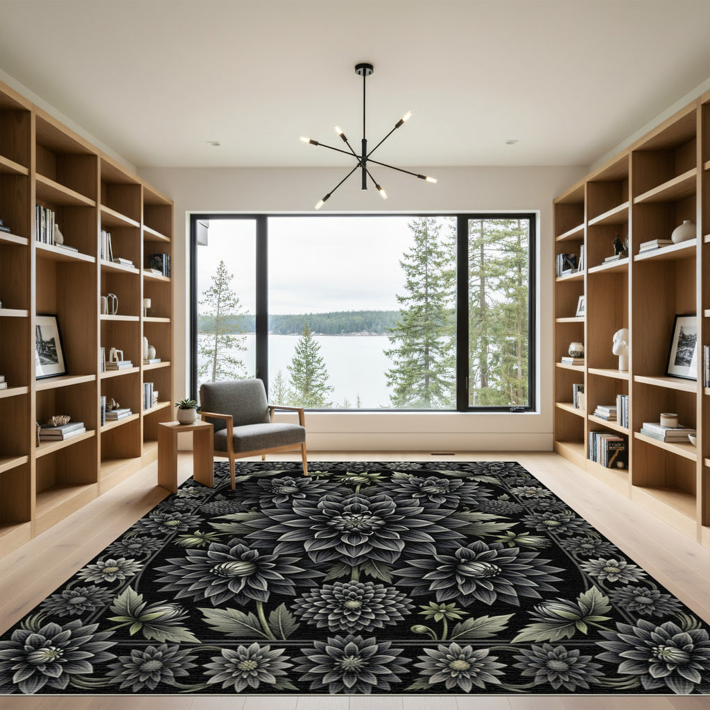 Monochromatic Botanical Dahlia Floral Black Rug