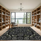 Monochromatic Botanical Dahlia Floral Black Rug