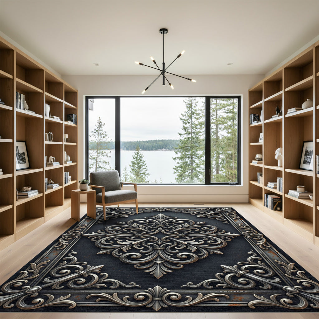 Ornate Silver Filigree Charcoal Iron Scroll Rug