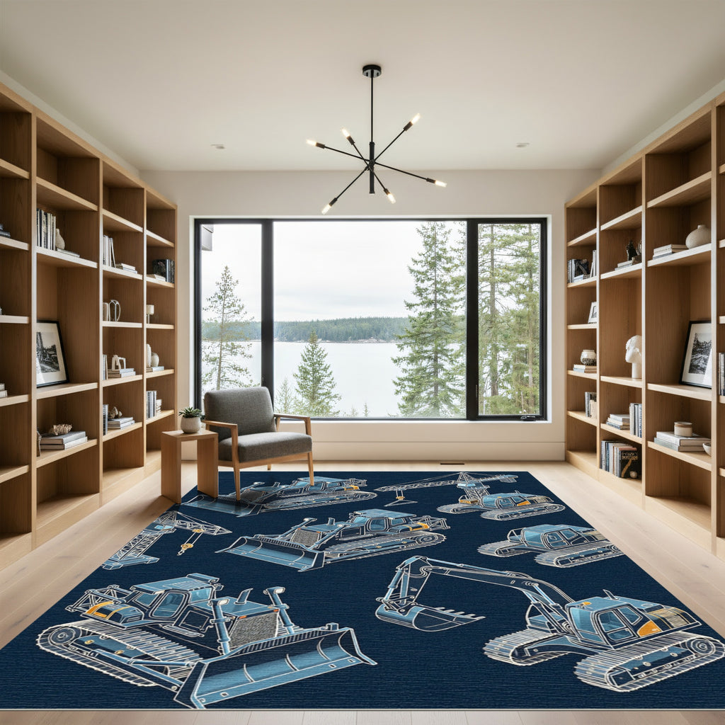 Isometric Heavy Machinery Construction Blue Rug