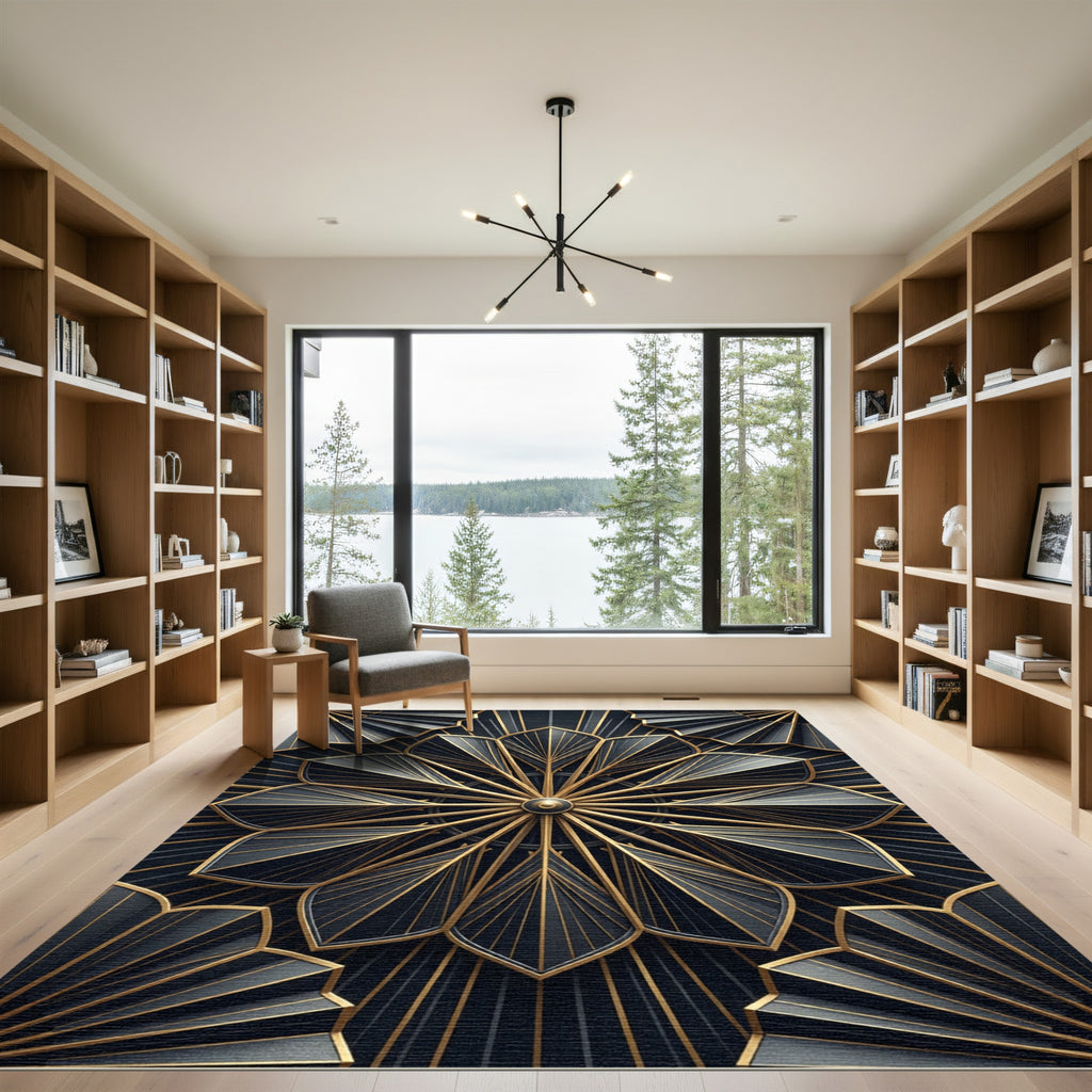 Art Deco Black Gold Geometric Fan Rug