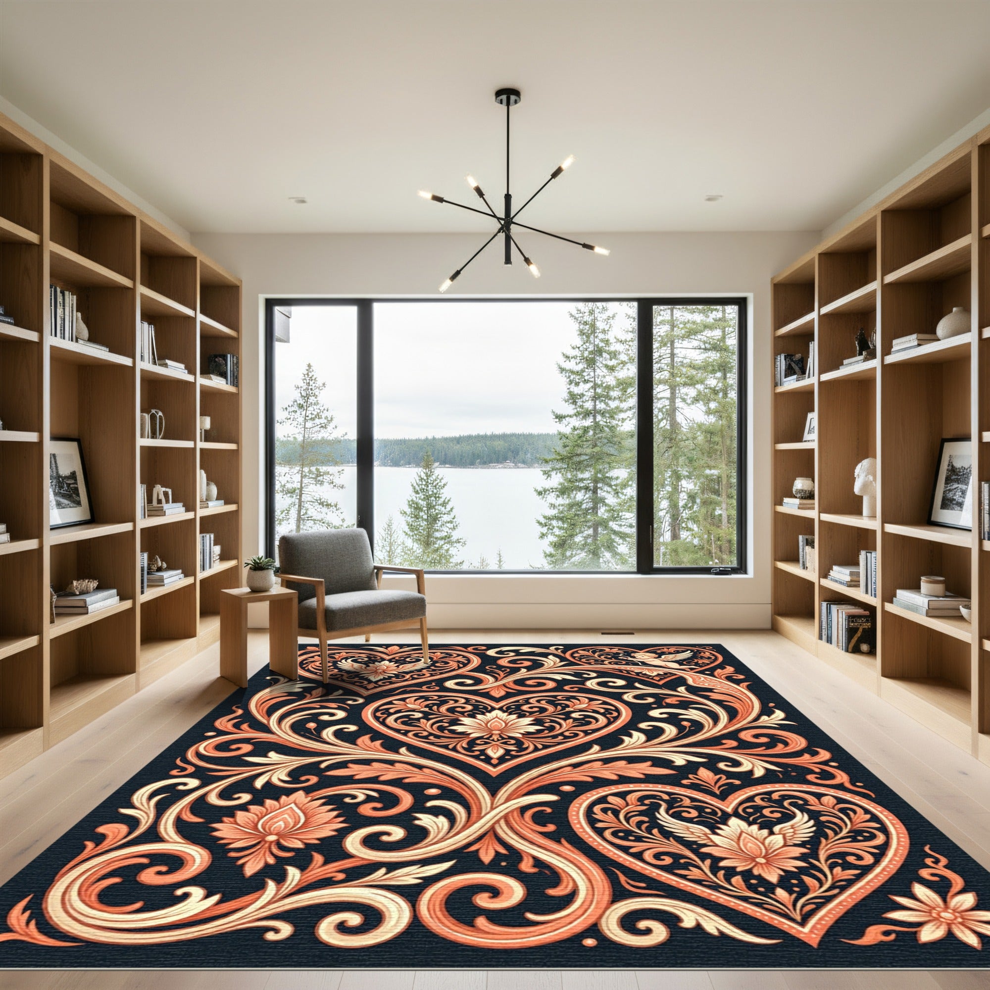 Ornate Pink Heart Floral Scroll Rug