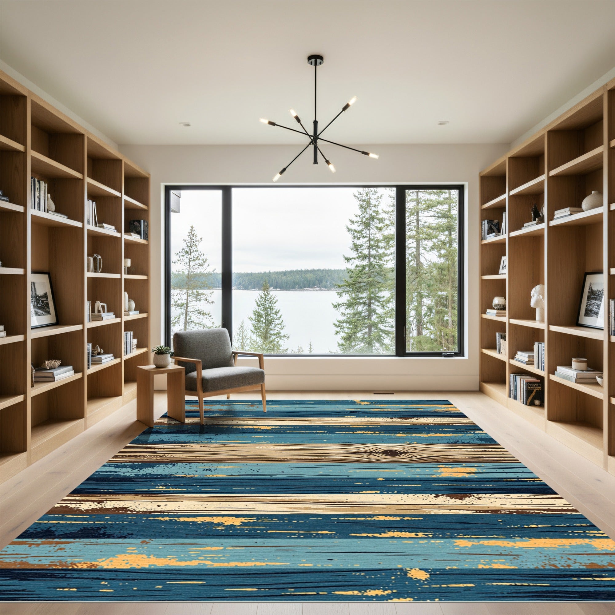 Rustic Weathered Blue and Gold Striped Wood Rug