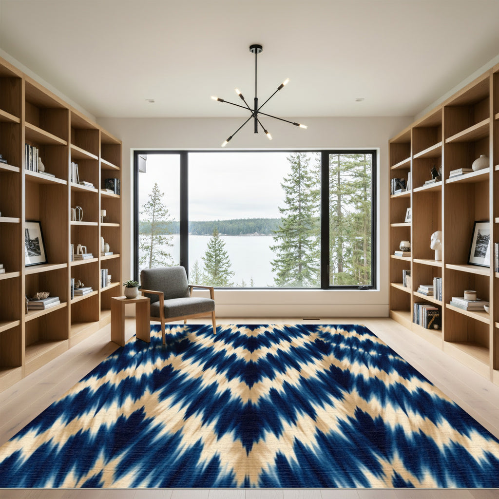 Indigo Blue Abstract Chevron Ikat Rug