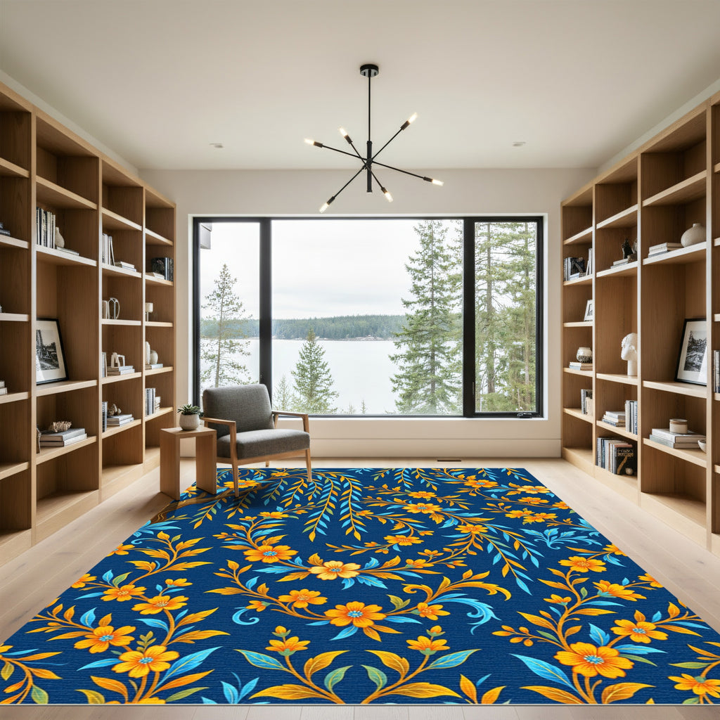 Botanical Willow Branch Golden Floral Navy Rug