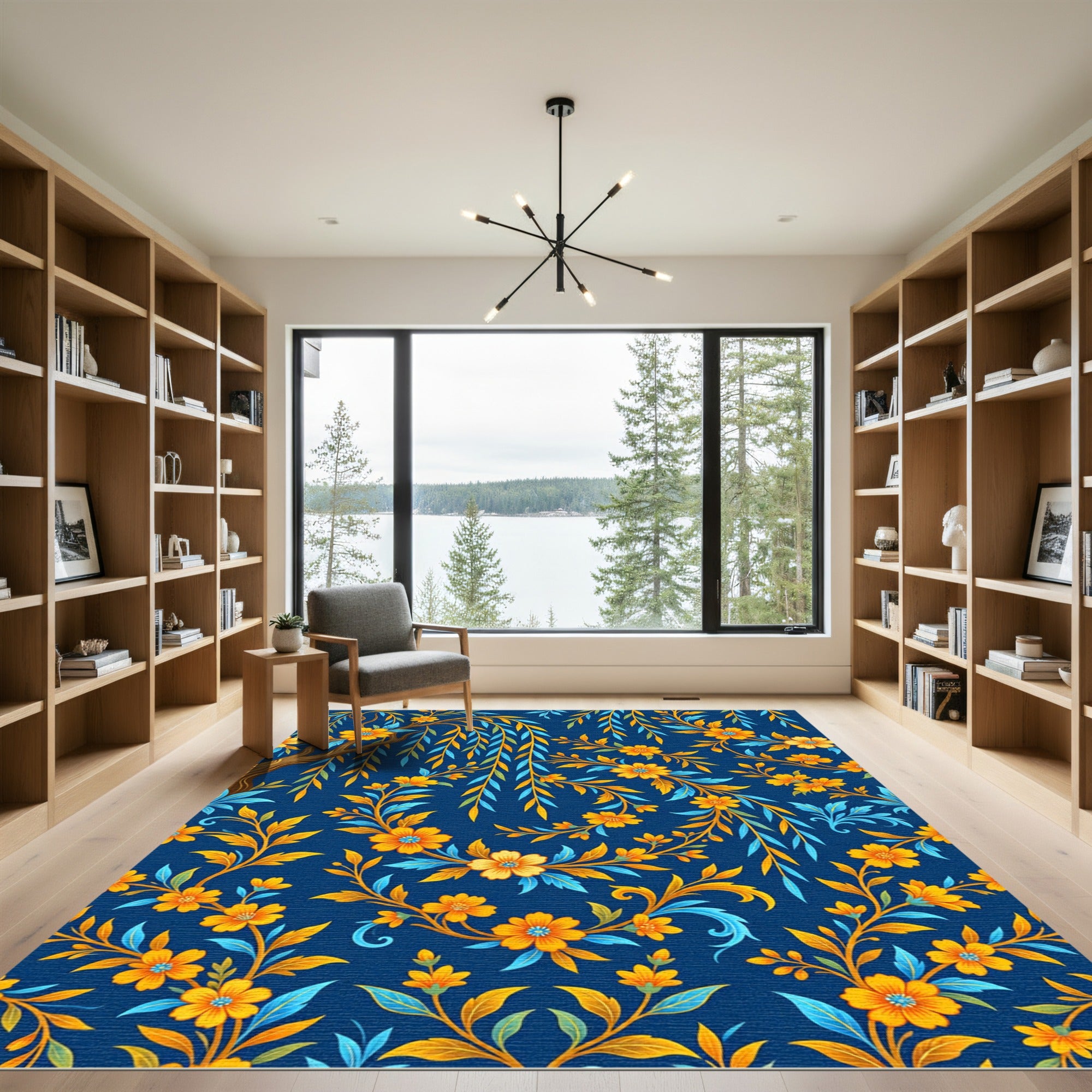 Botanical Willow Branch Golden Floral Navy Rug