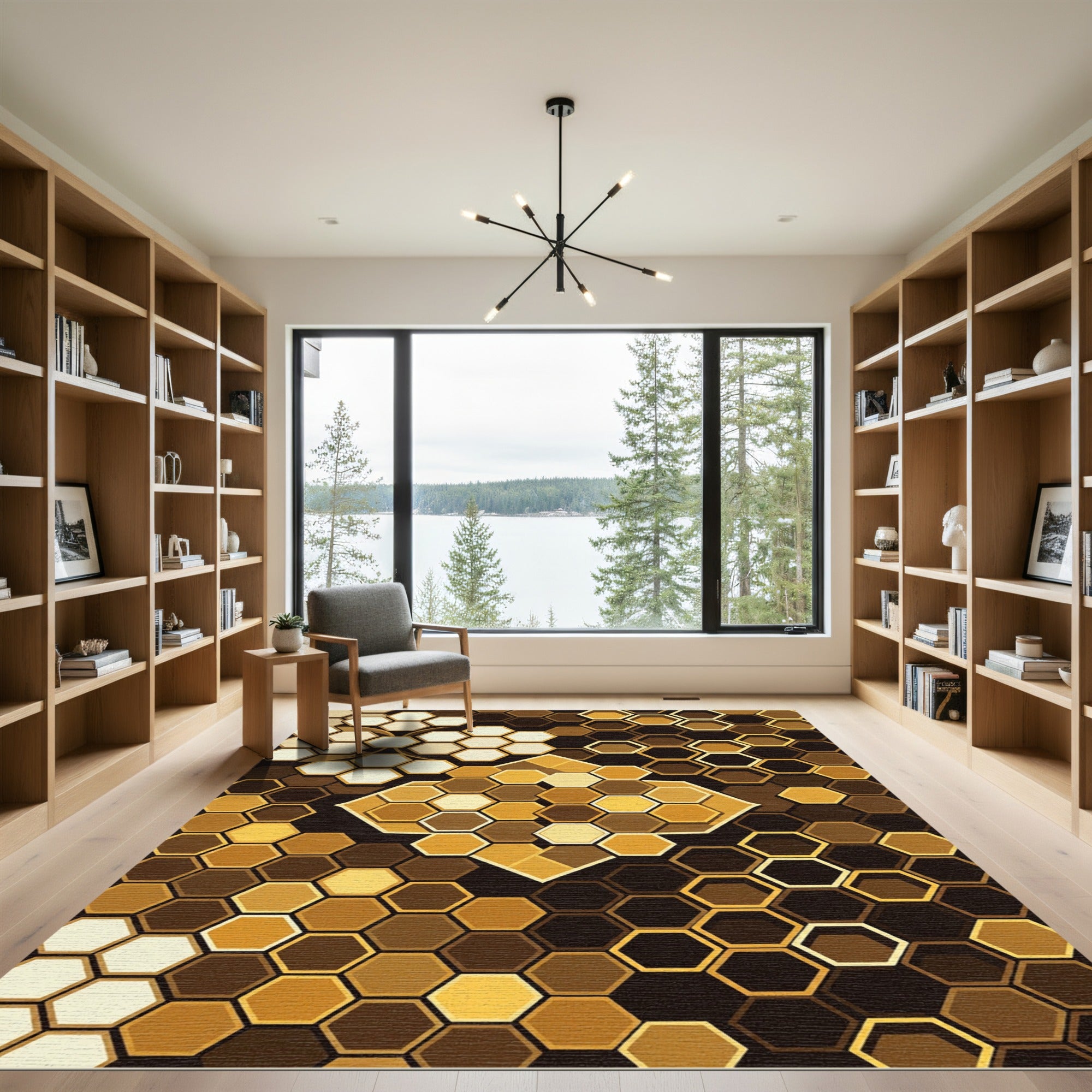 Golden Hexagonal Geometric Honeycomb Rug