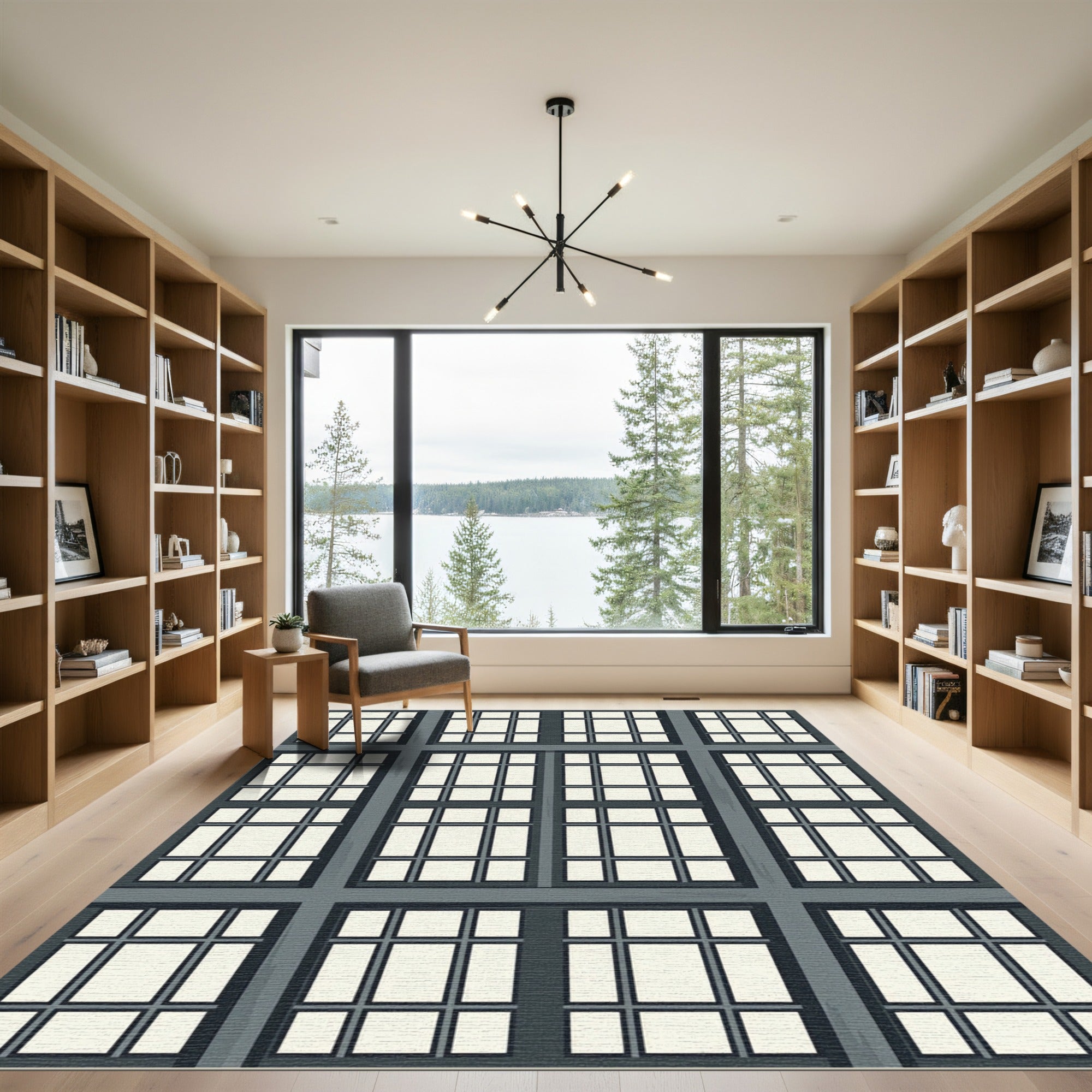 Dark Gray Architectural Window Grid Rug