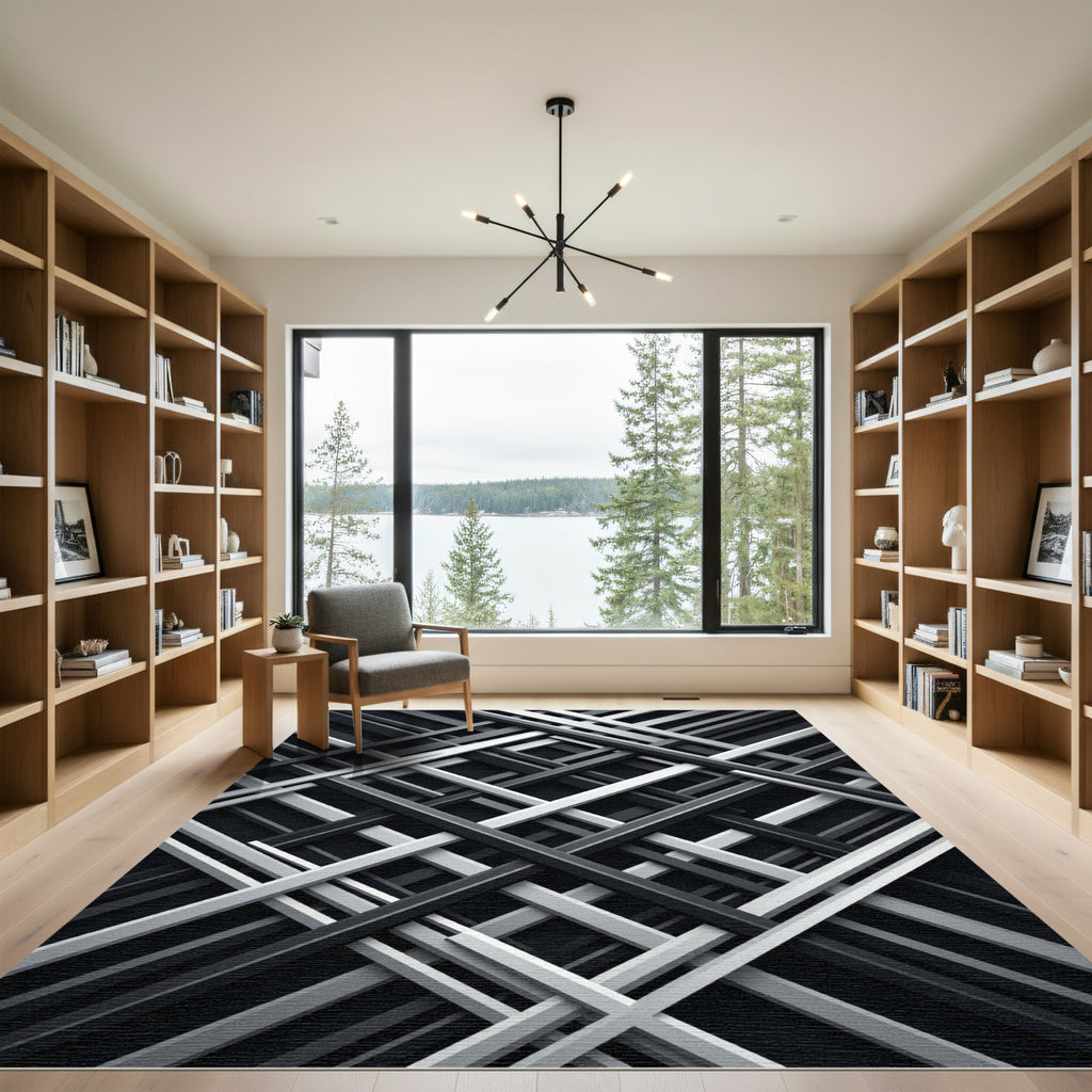 Modern Monochrome Intersecting Geometric Lattice Rug