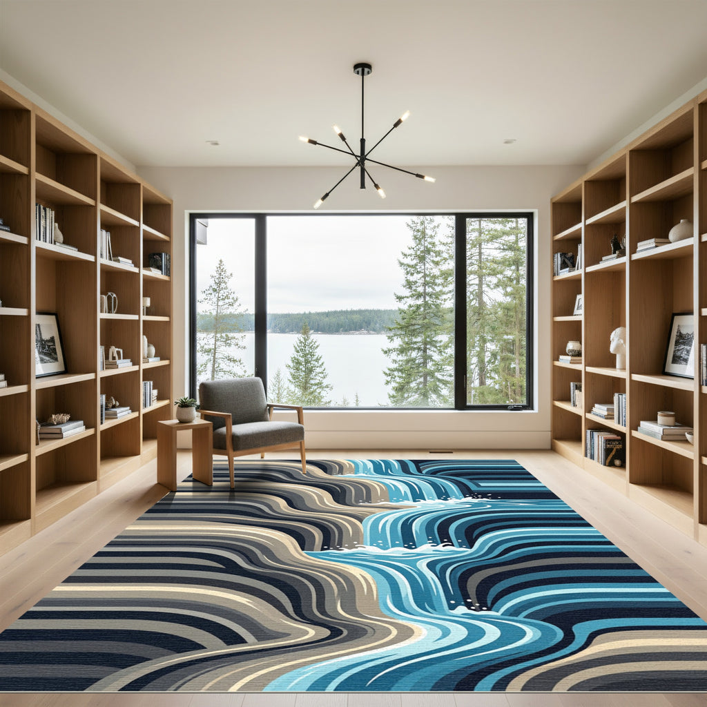 Abstract Blue Waterfall Layered Landscape Rug