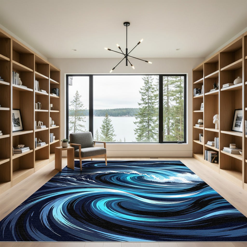 Dynamic Deep Blue Swirling Ocean Wave Rug
