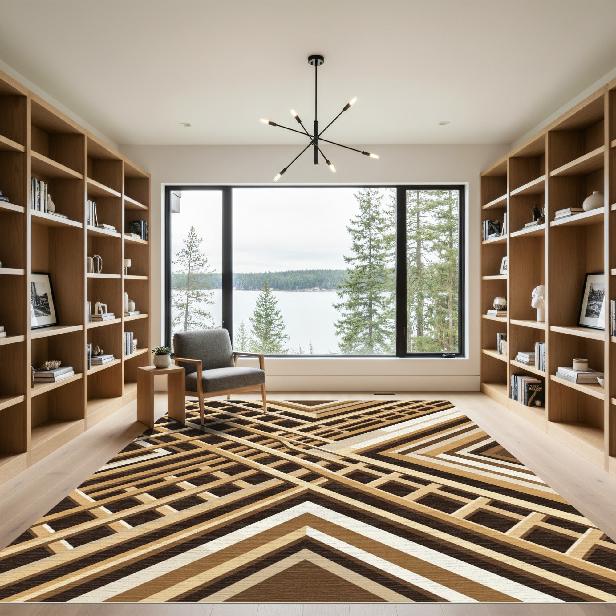 Geometric Brown Angular Linear Grid Rug