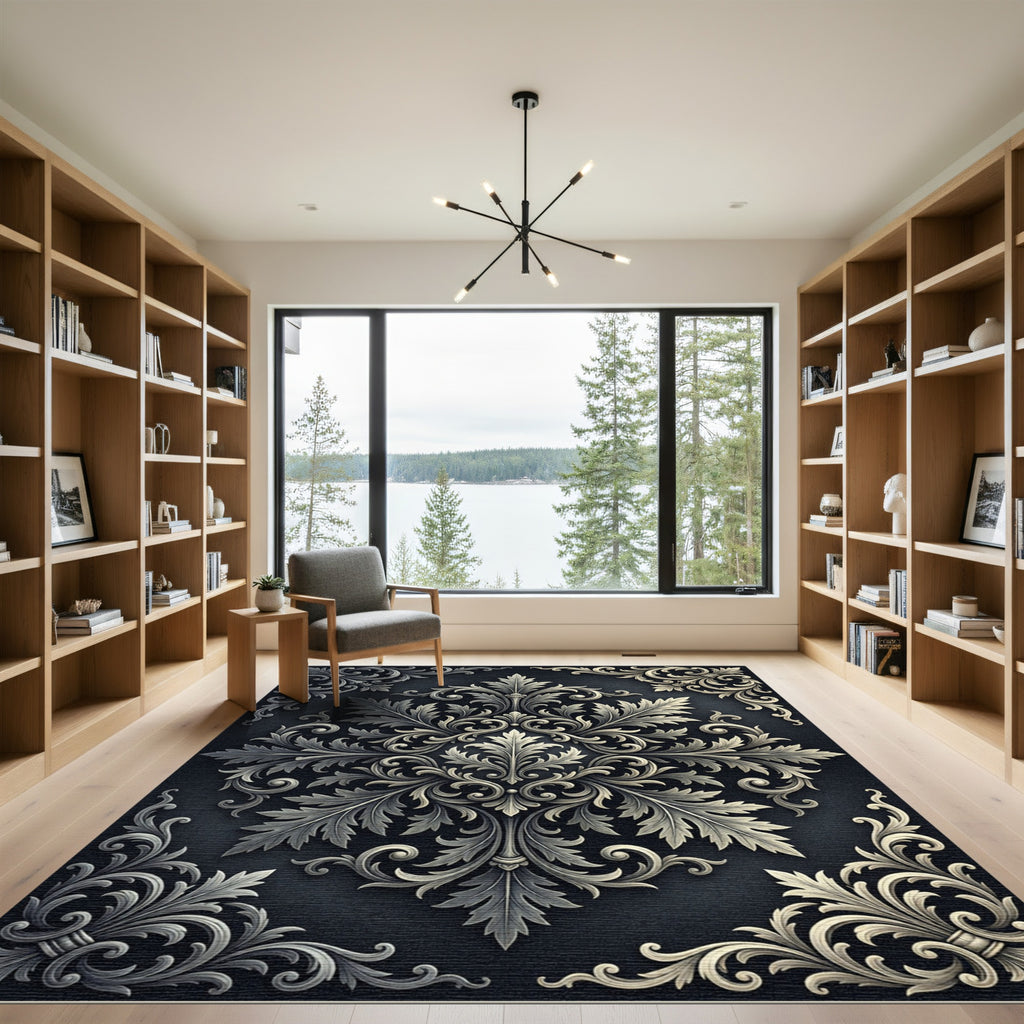 Ornate Silver Acanthus Leaf Medallion Rug