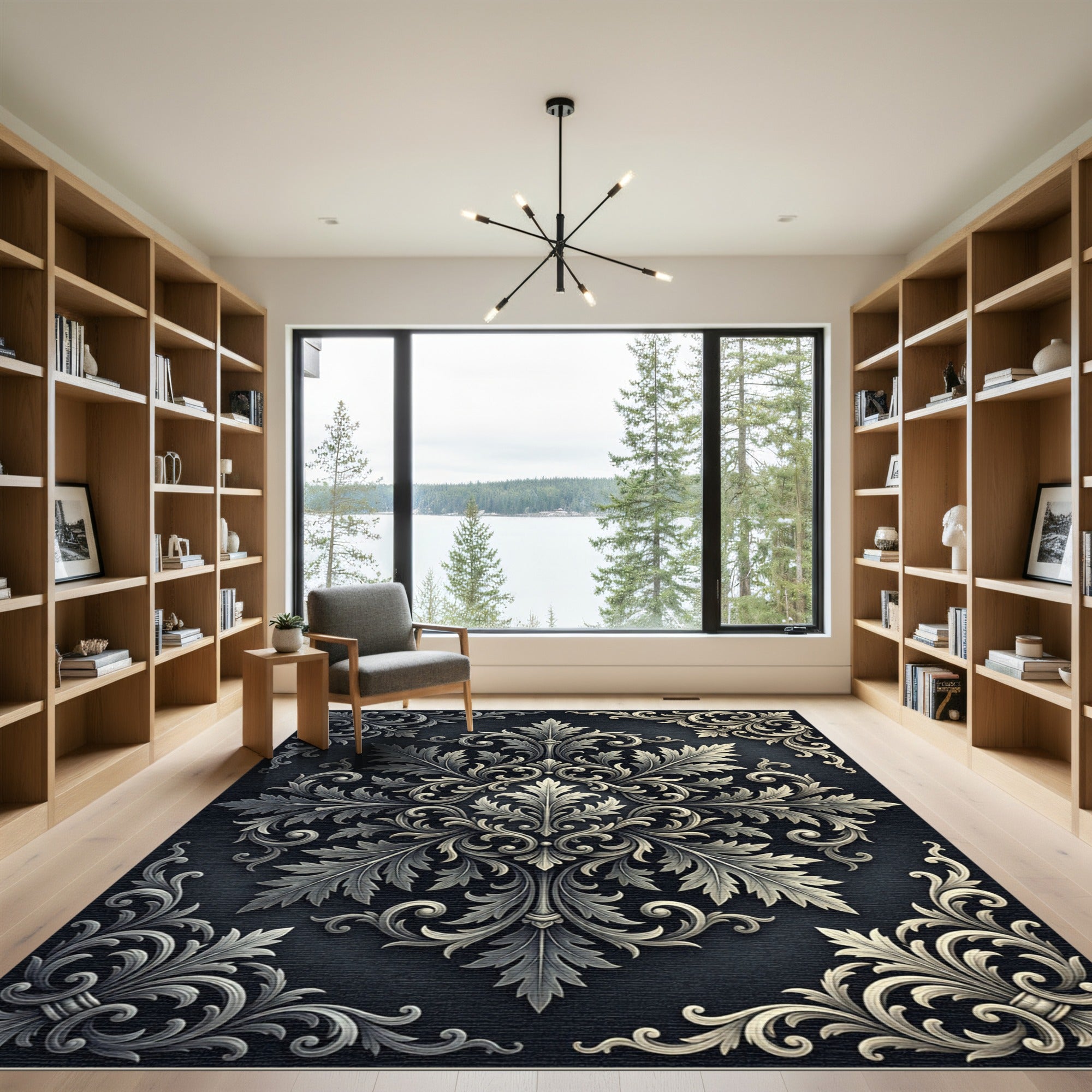 Ornate Silver Acanthus Leaf Medallion Rug