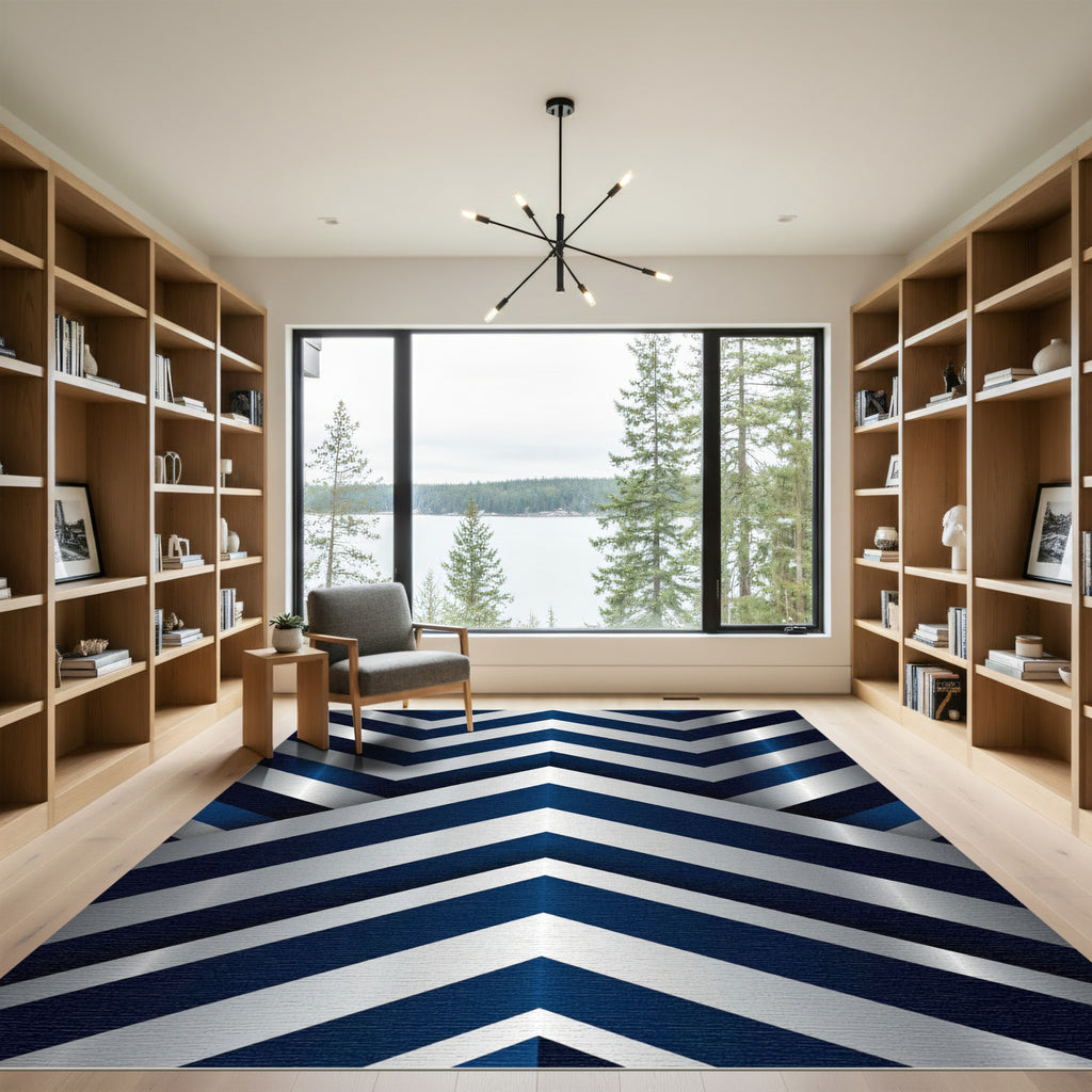 Sophisticated Navy and Silver Chevron Rug