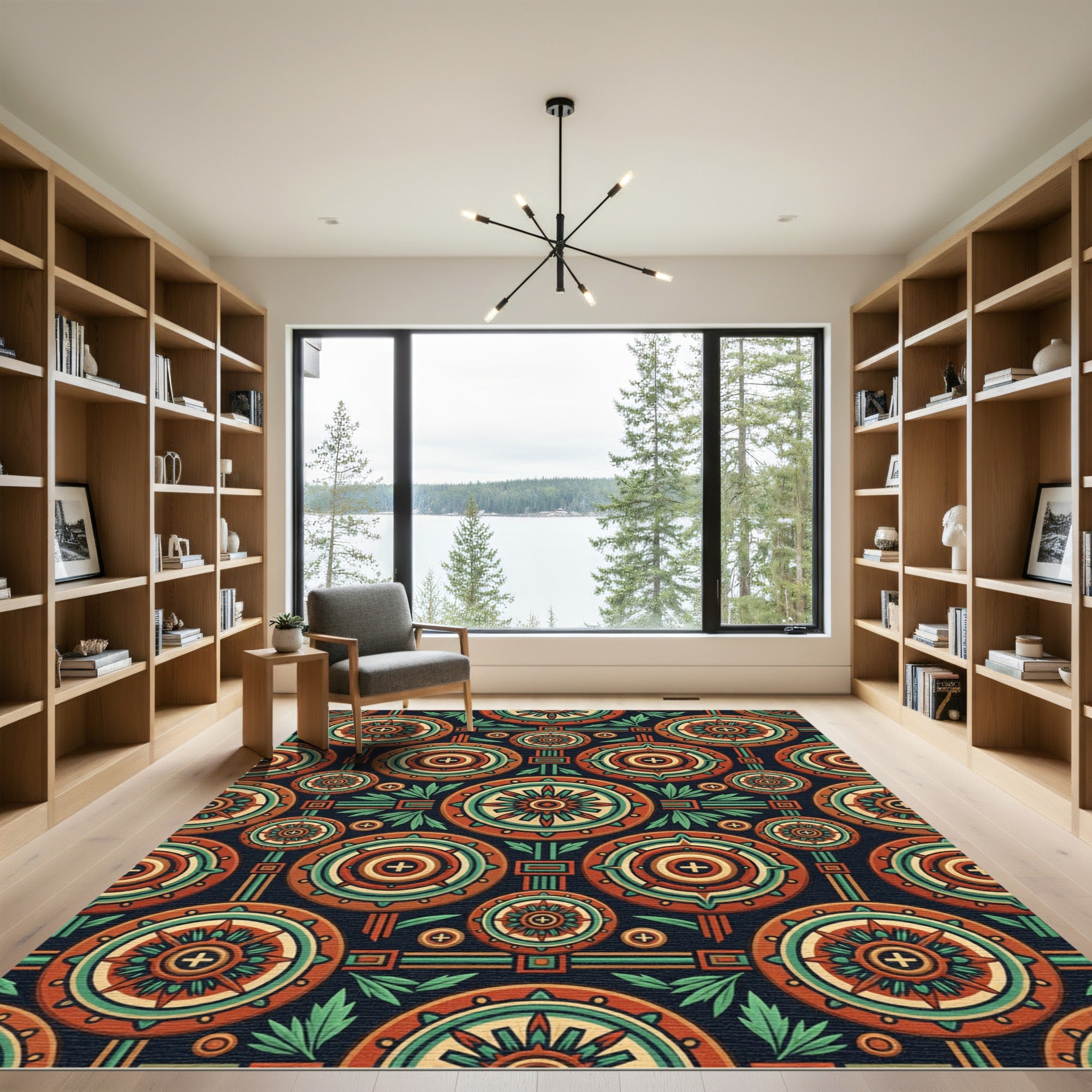 Circular Terra Cotta Geometric Aztec Medallion Rug