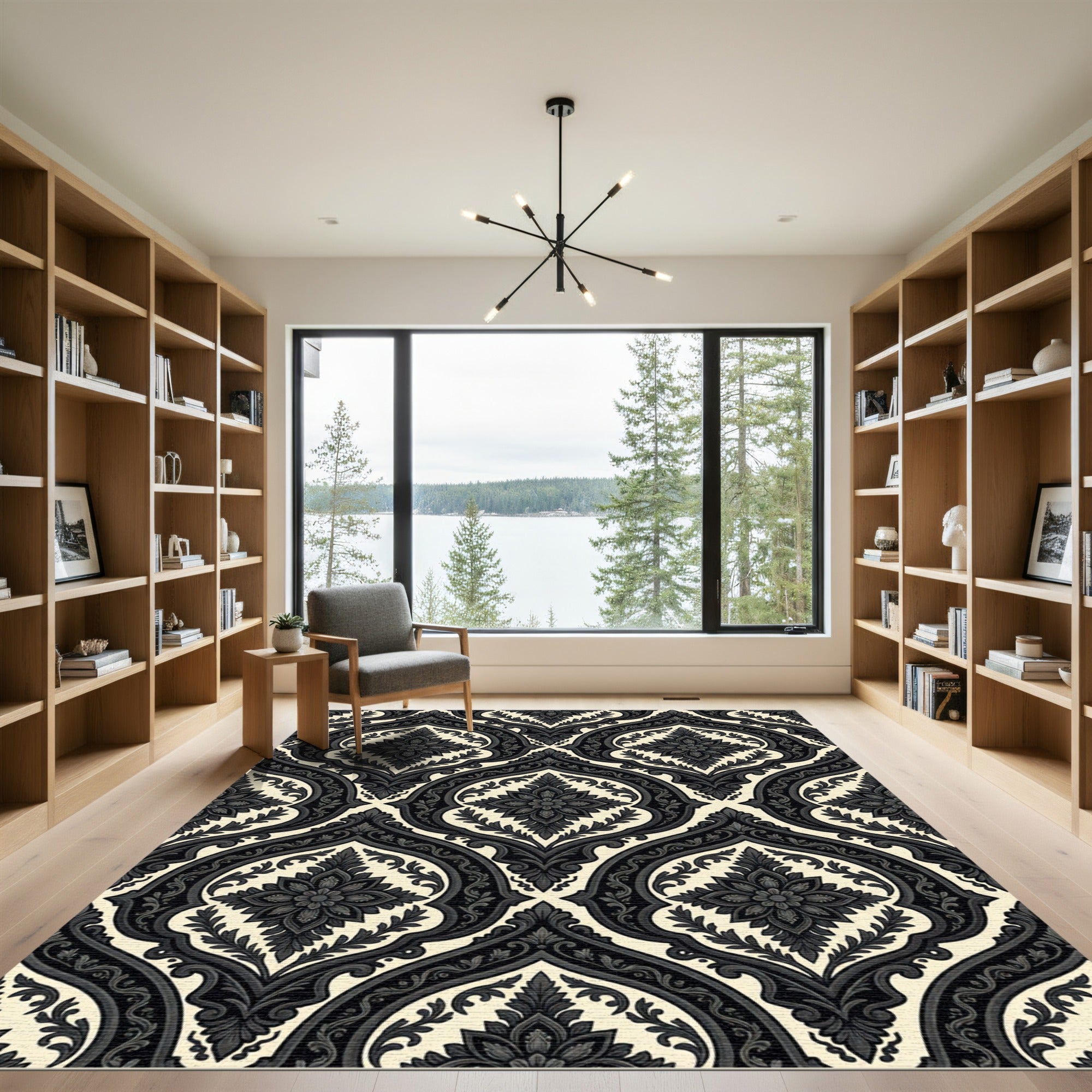 Classic Black Ivory Scroll Medallion Rug